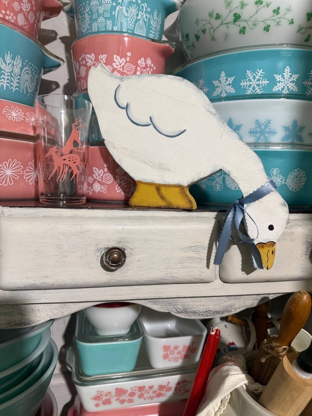 Hand-Painted Wooden Goose Figurine with Blue Ribbon wooden shelf sitter